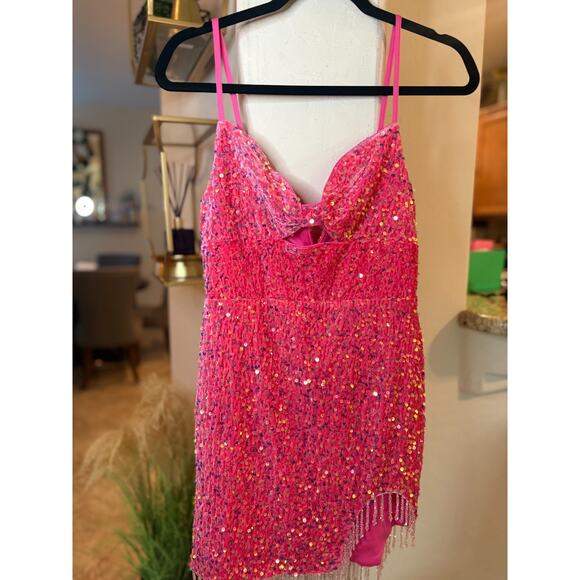 Double Crazy Pink Sequin Crystal Beaded Hem Mini Dress Size S 2-6 - Picture 2 of 8